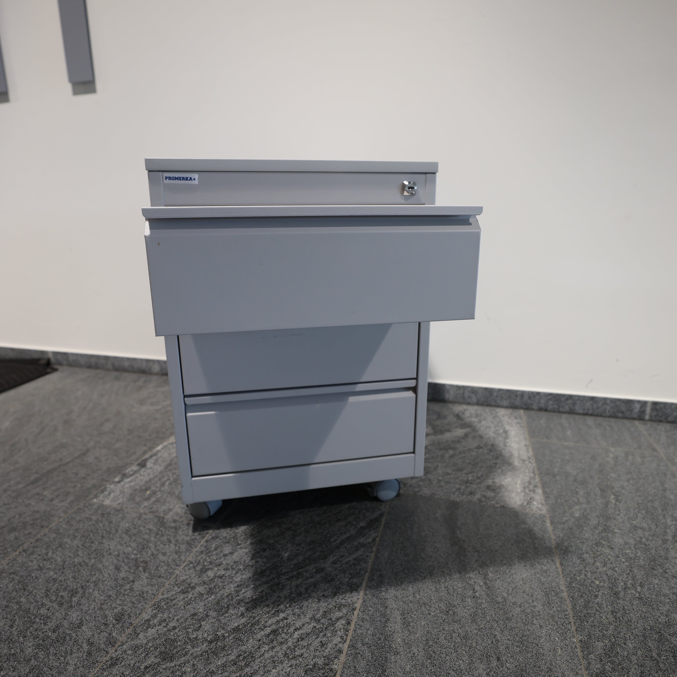 Promerka Rollcontainer aus Stahl – 3 Schubladen – Lichtgrau