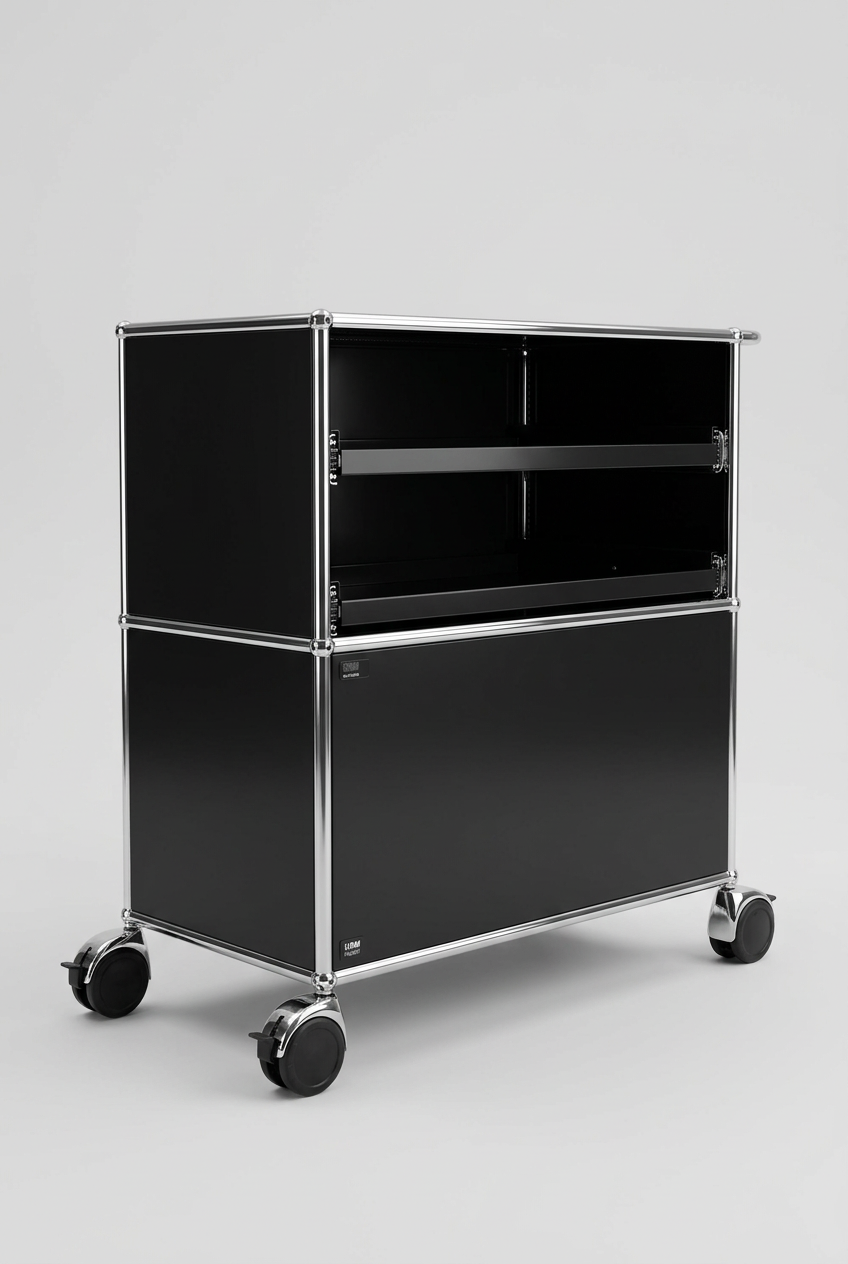 USM Haller Rollkorpus 1x2 Tiefe 50, Graphitschwarz, 2 Ausziehtablare, mit Stossbügel