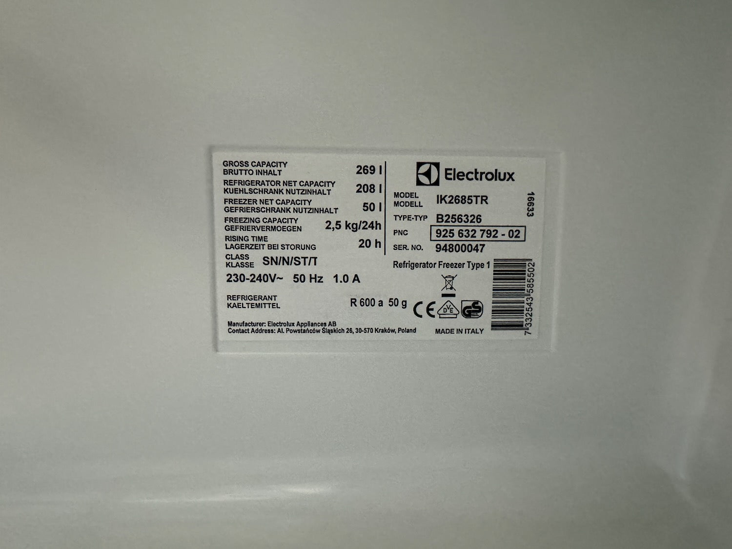 Kühlschrank Electrolux IK2685TR 269L