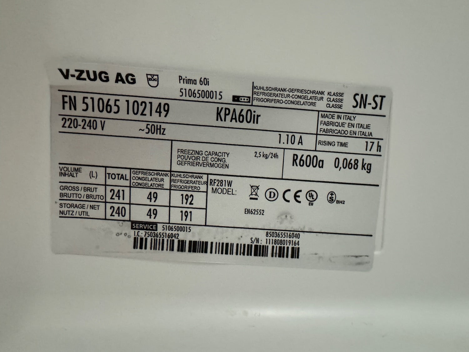 Kühlschrank V-Zug Prima 60i