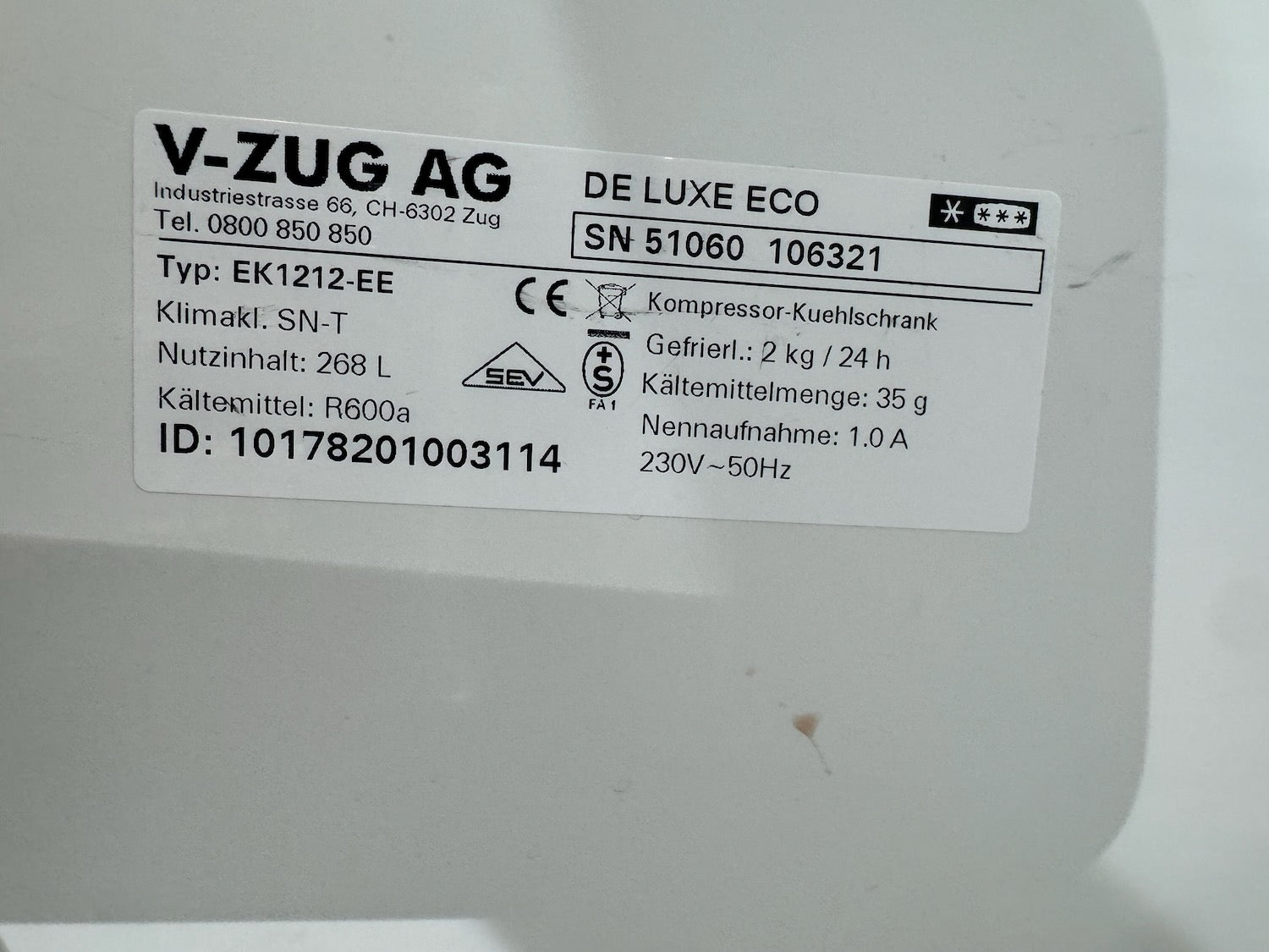 Kühlschrank V-Zug DE LUXE ECO