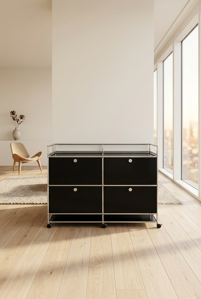 USM Haller 2x2 Tiefe 50, Graphitschwarz, 4 Ausziehtüren, 2 Ausziehtablare, Sonderaufbau