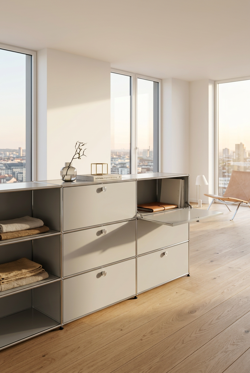 USM Haller Regal 2x6, 4 Klapptüren, 2 Ausziehtüren, mittig durchgehend