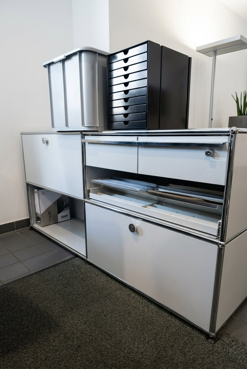 USM Haller 2x2 Tiefe 50, Lichtgrau, Klapptüre, Ausziehtablar, 2 A6-Schubladen – geschlossen