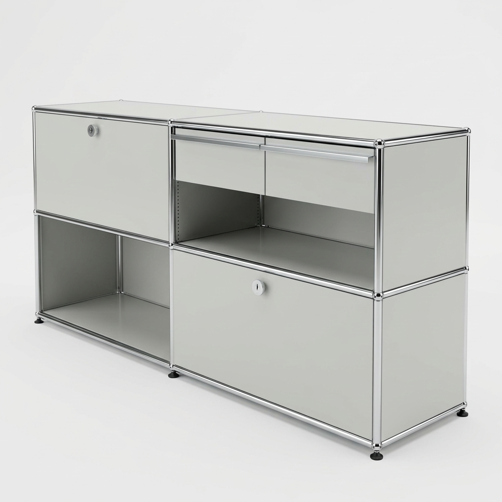 USM Haller 2x2 Tiefe 50, Lichtgrau, Klapptüre, Ausziehtablar, 2 A6-Schubladen