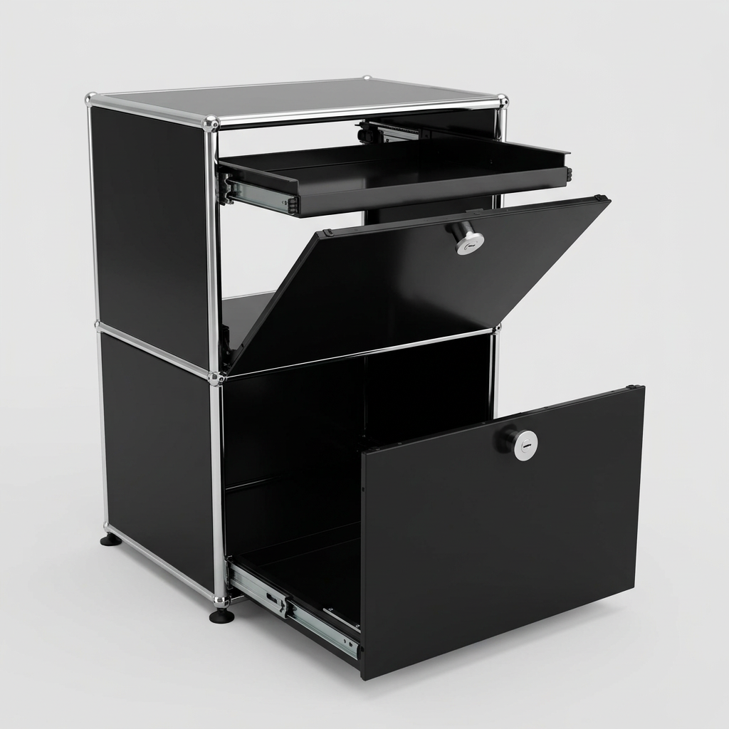 USM Haller Regal 1x2 (50 cm breit), Graphitschwarz, Klapptüre, Ausziehtüre, Ausziehtablar