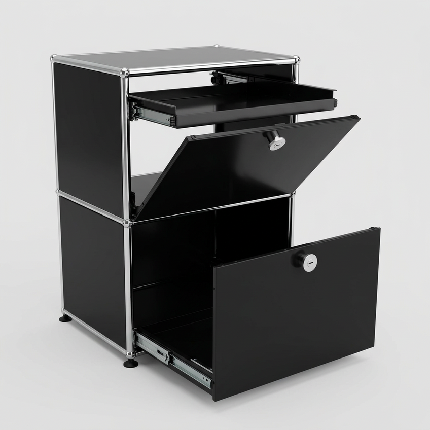 USM Haller Regal 1x2 (50 cm breit), Graphitschwarz, Klapptüre, Ausziehtüre, Ausziehtablar