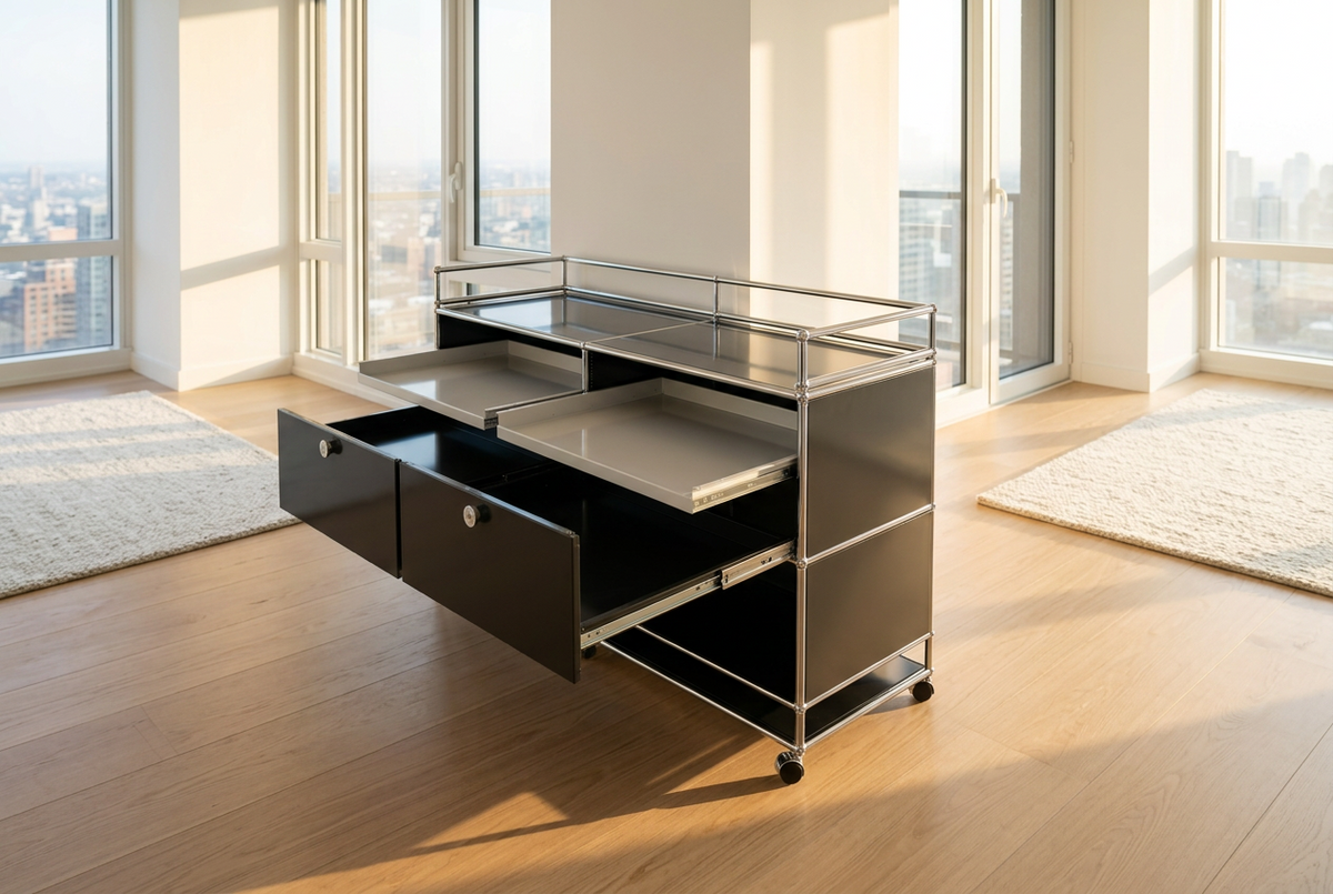 USM Haller 2x2 Tiefe 50, Graphitschwarz, 4 Ausziehtüren, 2 Ausziehtablare, Sonderaufbau