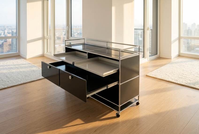 USM Haller 2x2 Tiefe 50, Graphitschwarz, 4 Ausziehtüren, 2 Ausziehtablare, Sonderaufbau
