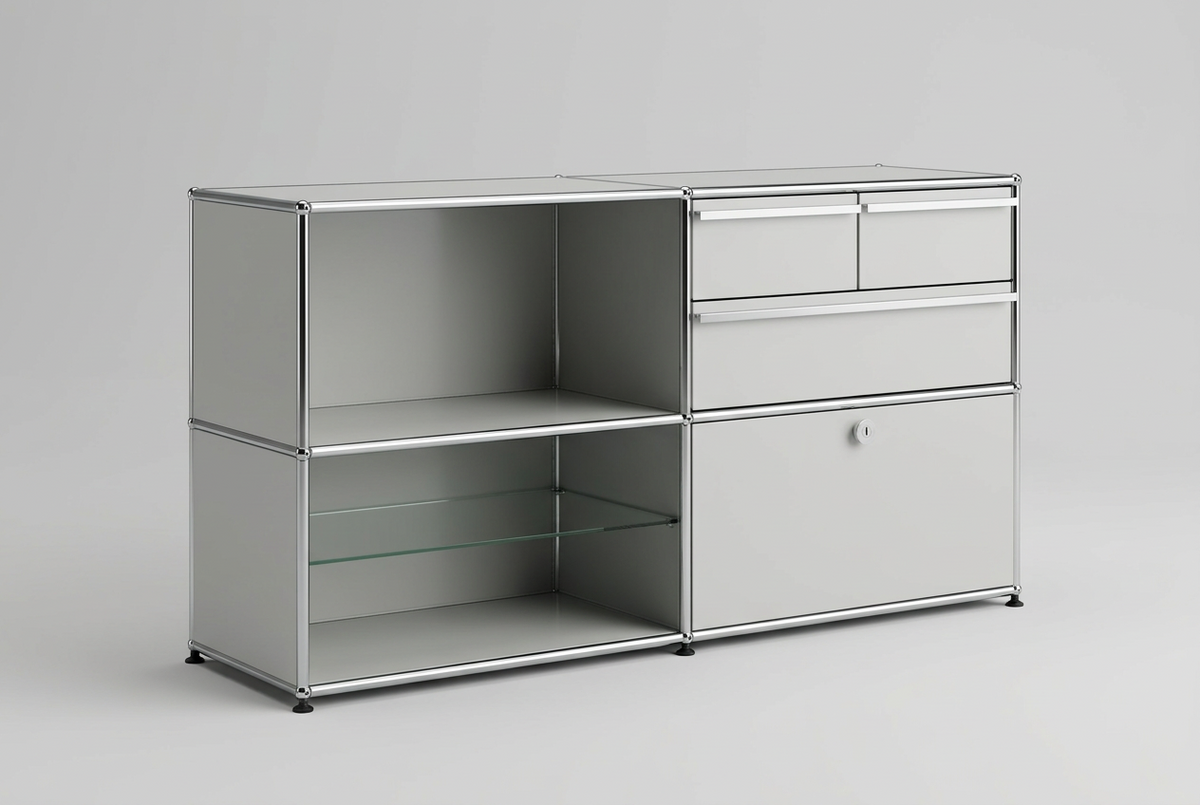 USM Haller 2x2 Tiefe 50, Lichtgrau, Ausziehtüre, Ausziehtablar, 2 A6-Schubladen